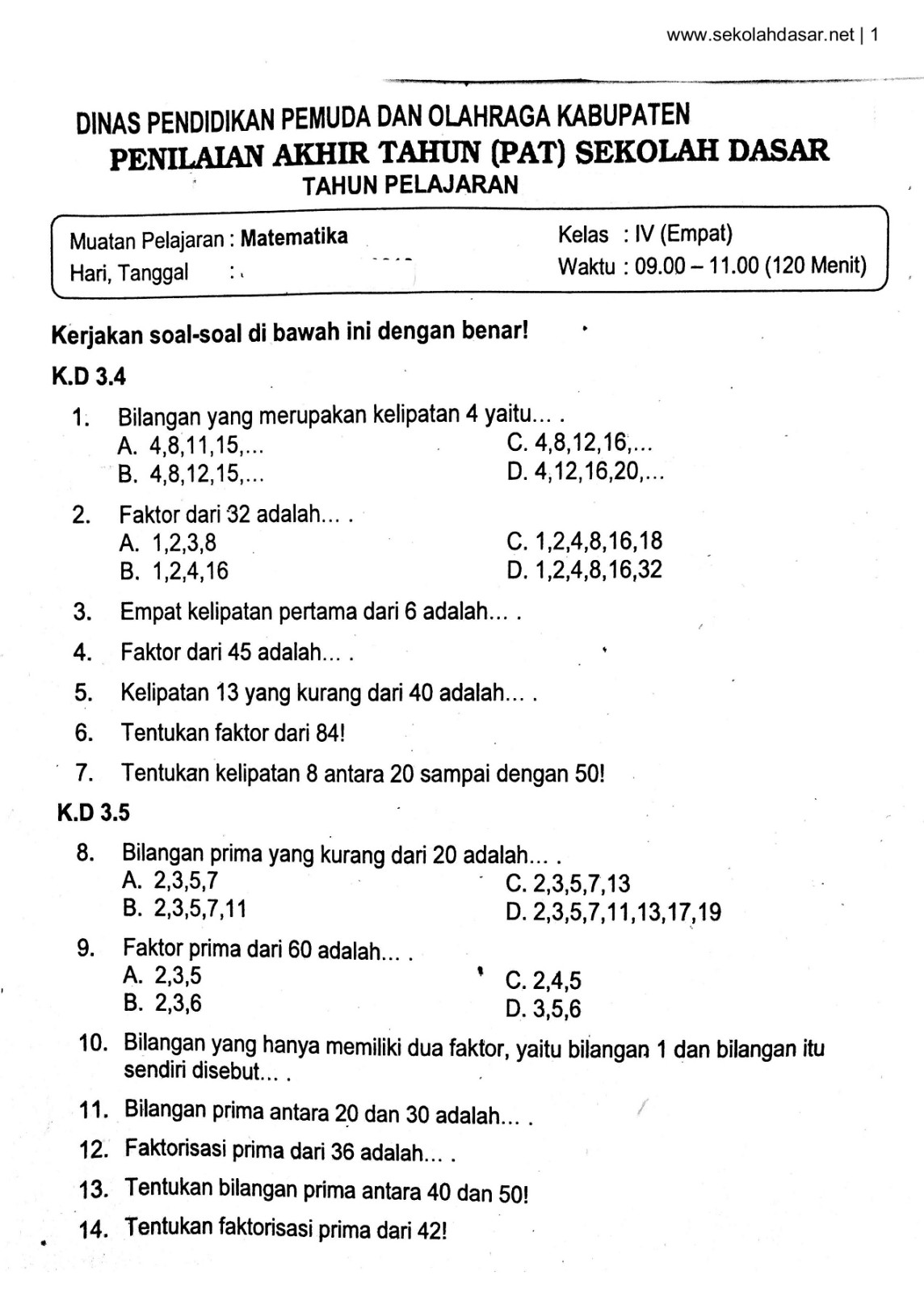 soal matematika kelas 4 semester 2