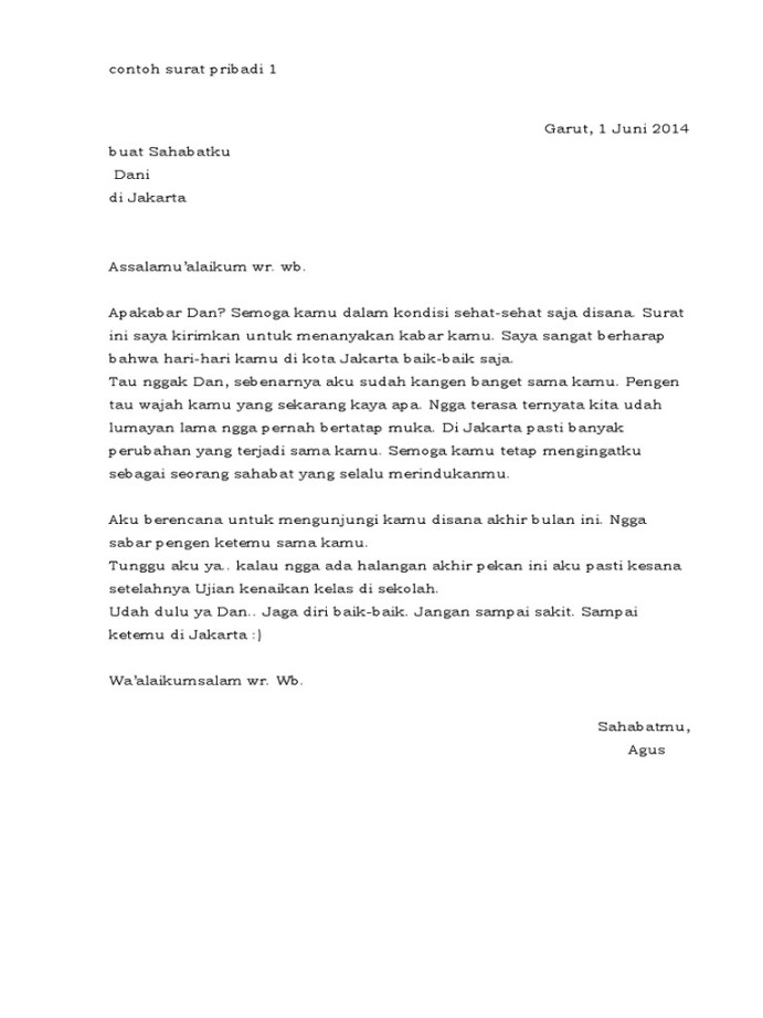 contoh surat pribadi untuk teman