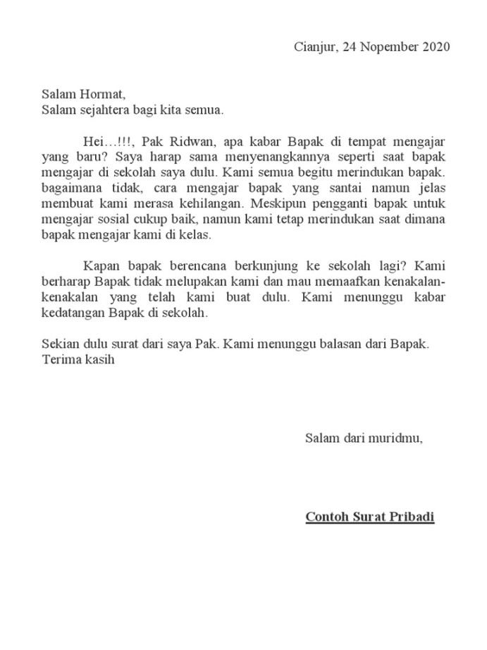 contoh surat pribadi untuk guru